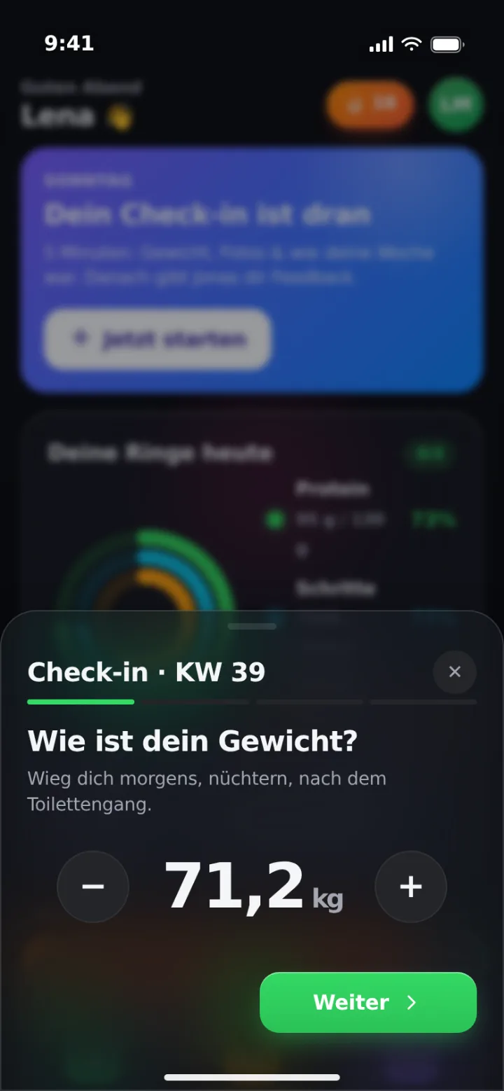 Klienten-App: geführter Check-in, erster Schritt fragt nach dem Gewicht