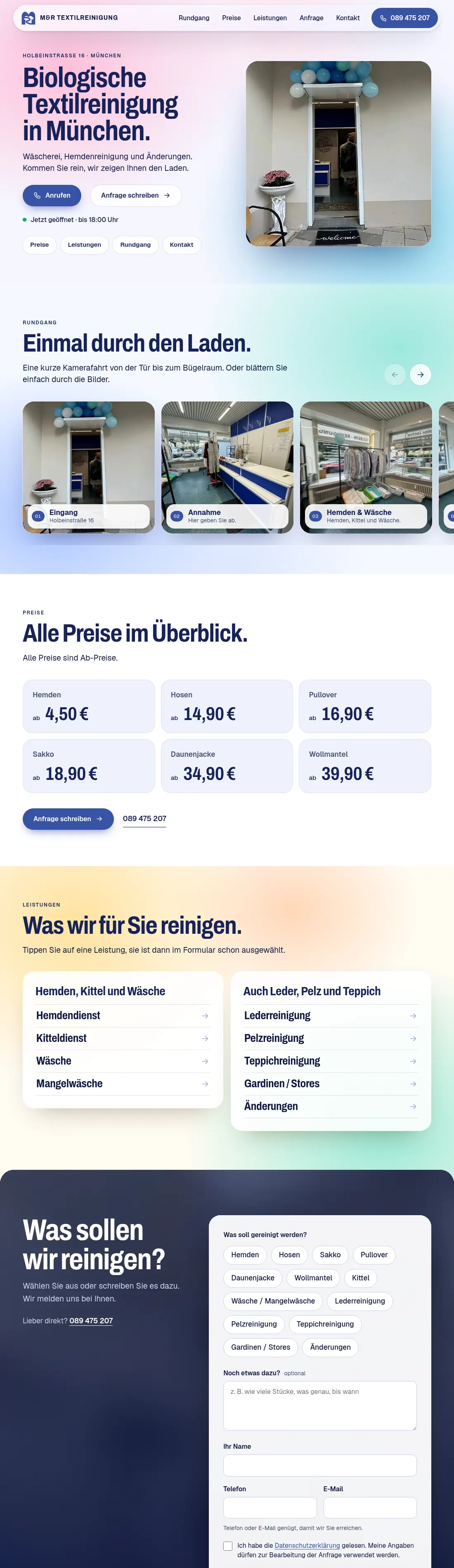 Die Website von M&R Textilreinigung in München, von oben nach unten